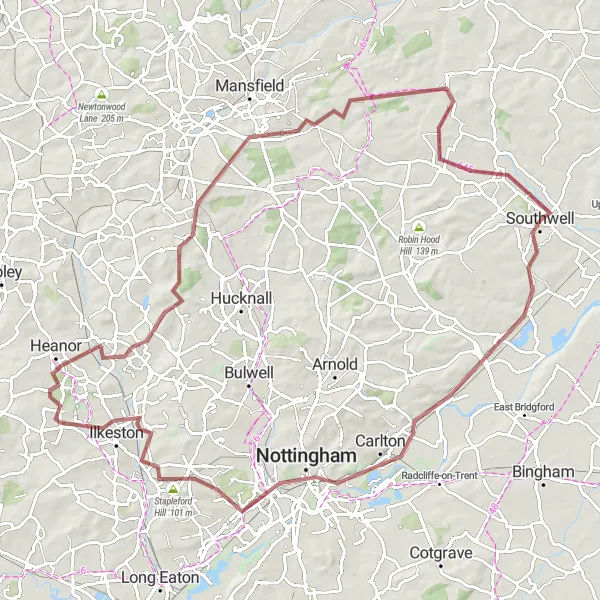 Map miniature of "The Nottinghamshire Gravel Adventure" cycling inspiration in Derbyshire and Nottinghamshire, United Kingdom. Generated by Tarmacs.app cycling route planner