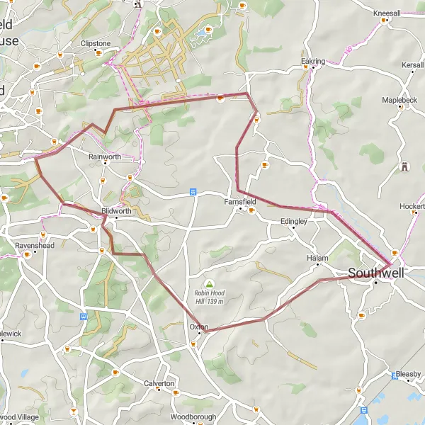 Map miniature of "Scenic Gravel Ride around Southwell" cycling inspiration in Derbyshire and Nottinghamshire, United Kingdom. Generated by Tarmacs.app cycling route planner