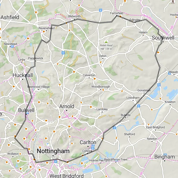 Map miniature of "Southwell to Farnsfield Loop" cycling inspiration in Derbyshire and Nottinghamshire, United Kingdom. Generated by Tarmacs.app cycling route planner