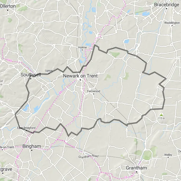 Map miniature of "The Newark Circuit" cycling inspiration in Derbyshire and Nottinghamshire, United Kingdom. Generated by Tarmacs.app cycling route planner