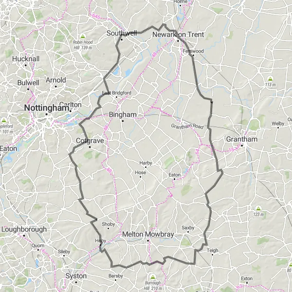 Map miniature of "Challenging Road Cycling Tour through Nottinghamshire" cycling inspiration in Derbyshire and Nottinghamshire, United Kingdom. Generated by Tarmacs.app cycling route planner