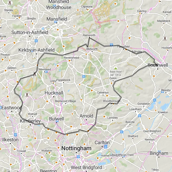 Map miniature of "Historical Southwell and Picturesque Waterways" cycling inspiration in Derbyshire and Nottinghamshire, United Kingdom. Generated by Tarmacs.app cycling route planner