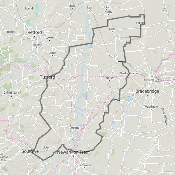 Map miniature of "The Kersall Circuit" cycling inspiration in Derbyshire and Nottinghamshire, United Kingdom. Generated by Tarmacs.app cycling route planner