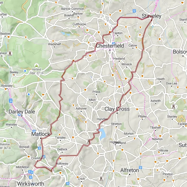 Map miniature of "The Clay Cross to Hollingwood Loop" cycling inspiration in Derbyshire and Nottinghamshire, United Kingdom. Generated by Tarmacs.app cycling route planner