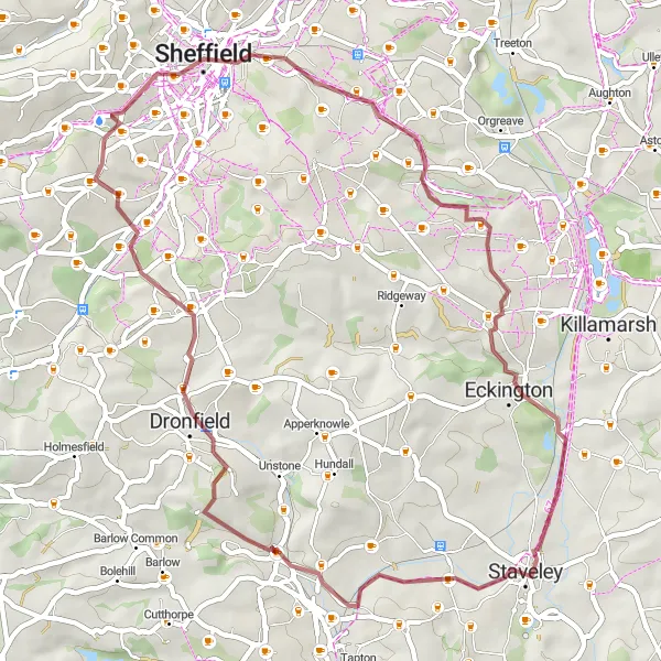 Map miniature of "The Sheffield Delights" cycling inspiration in Derbyshire and Nottinghamshire, United Kingdom. Generated by Tarmacs.app cycling route planner