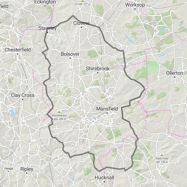 Map miniature of "The Nether Langwith Loop" cycling inspiration in Derbyshire and Nottinghamshire, United Kingdom. Generated by Tarmacs.app cycling route planner