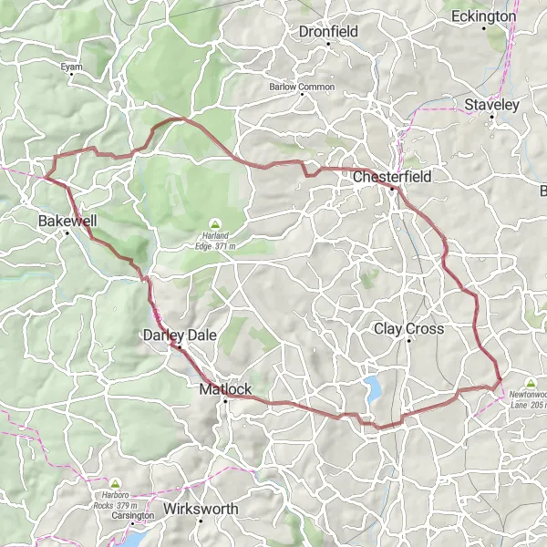 Map miniature of "The Panoramic Adventure" cycling inspiration in Derbyshire and Nottinghamshire, United Kingdom. Generated by Tarmacs.app cycling route planner