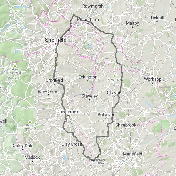 Map miniature of "The Historic Route" cycling inspiration in Derbyshire and Nottinghamshire, United Kingdom. Generated by Tarmacs.app cycling route planner