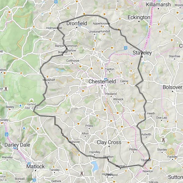 Map miniature of "Tibshelf Circuit" cycling inspiration in Derbyshire and Nottinghamshire, United Kingdom. Generated by Tarmacs.app cycling route planner