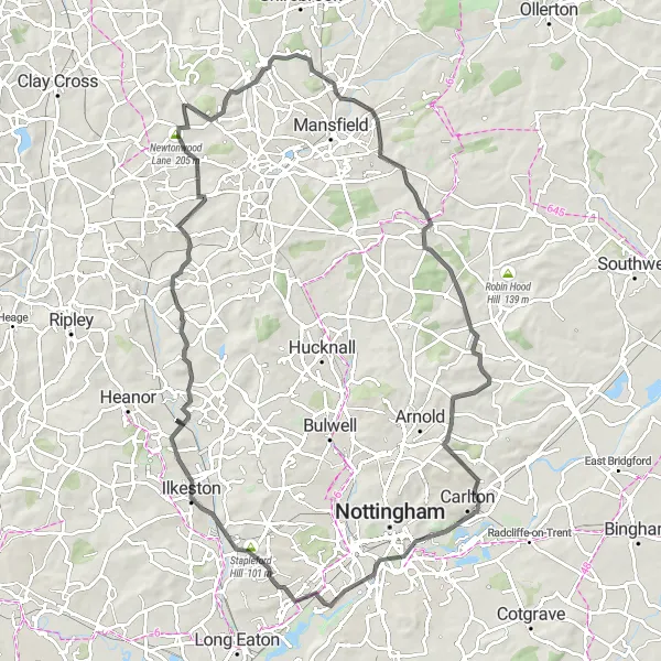 Map miniature of "The Hill Country Challenge" cycling inspiration in Derbyshire and Nottinghamshire, United Kingdom. Generated by Tarmacs.app cycling route planner