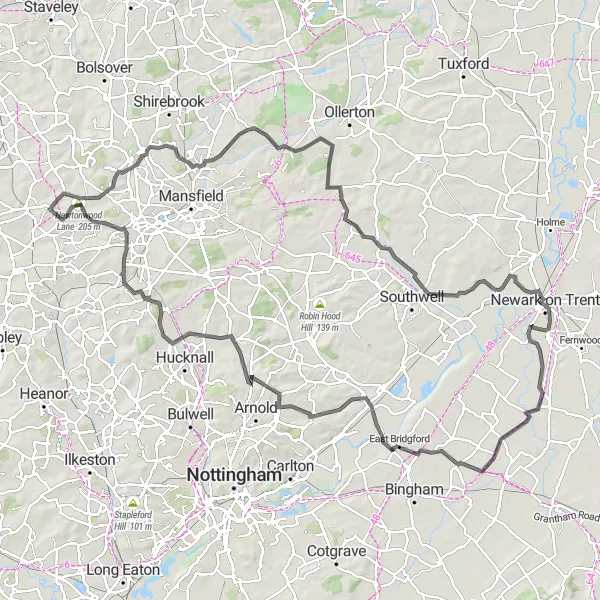 Map miniature of "Tibshelf Road Cycling Route" cycling inspiration in Derbyshire and Nottinghamshire, United Kingdom. Generated by Tarmacs.app cycling route planner