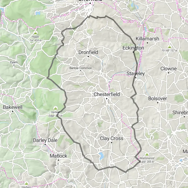 Map miniature of "The Tibshelf Circuit" cycling inspiration in Derbyshire and Nottinghamshire, United Kingdom. Generated by Tarmacs.app cycling route planner