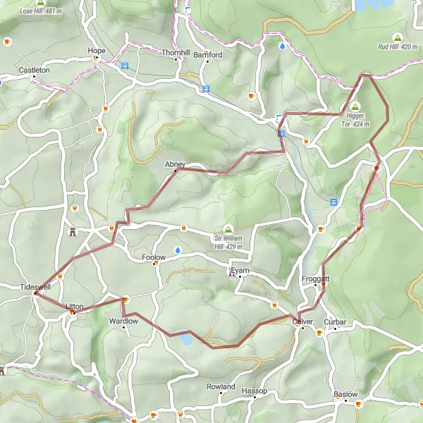 Map miniature of "Gravel Loop via Hathersage" cycling inspiration in Derbyshire and Nottinghamshire, United Kingdom. Generated by Tarmacs.app cycling route planner