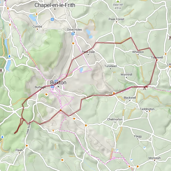 Map miniature of "Gravel Adventure in the Peak District" cycling inspiration in Derbyshire and Nottinghamshire, United Kingdom. Generated by Tarmacs.app cycling route planner