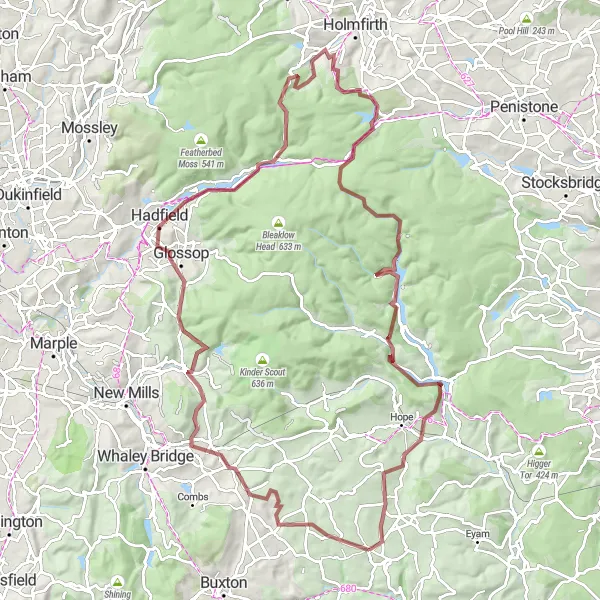 Map miniature of "The Peak Gravel Adventure" cycling inspiration in Derbyshire and Nottinghamshire, United Kingdom. Generated by Tarmacs.app cycling route planner