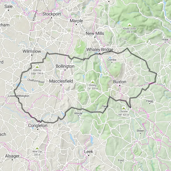 Map miniature of "Ultimate Peak District Challenge" cycling inspiration in Derbyshire and Nottinghamshire, United Kingdom. Generated by Tarmacs.app cycling route planner