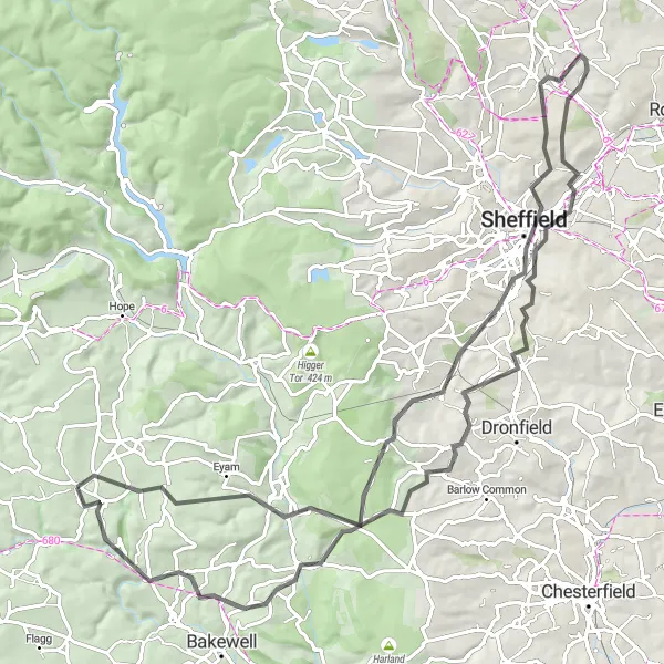 Map miniature of "The Peak Endurance Ride" cycling inspiration in Derbyshire and Nottinghamshire, United Kingdom. Generated by Tarmacs.app cycling route planner