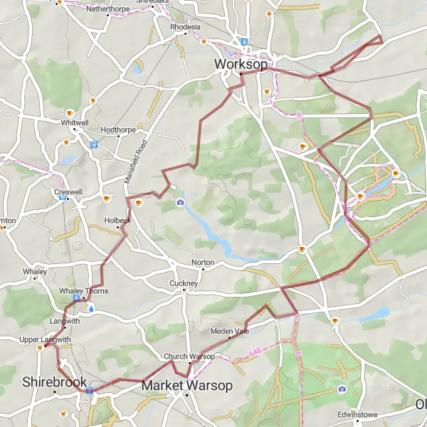 Map miniature of "Gravel Adventure" cycling inspiration in Derbyshire and Nottinghamshire, United Kingdom. Generated by Tarmacs.app cycling route planner