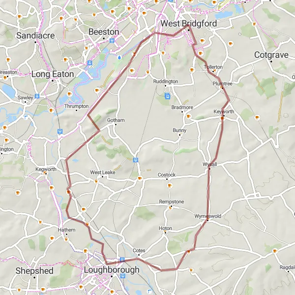 Map miniature of "Keyworth to Kingston on Soar Gravel Ride" cycling inspiration in Derbyshire and Nottinghamshire, United Kingdom. Generated by Tarmacs.app cycling route planner