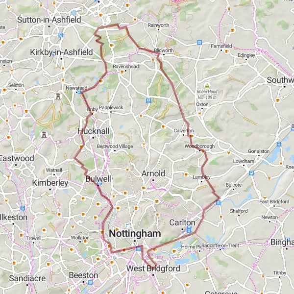 Map miniature of "Nottinghamshire Gravel Explorer" cycling inspiration in Derbyshire and Nottinghamshire, United Kingdom. Generated by Tarmacs.app cycling route planner