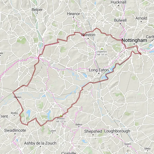 Map miniature of "Wilford to Nottingham and back" cycling inspiration in Derbyshire and Nottinghamshire, United Kingdom. Generated by Tarmacs.app cycling route planner