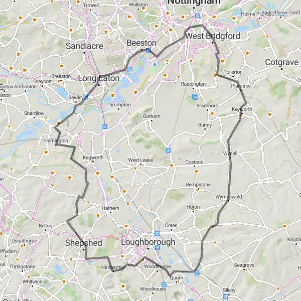 Map miniature of "West Bridgford and Surrounding Villages" cycling inspiration in Derbyshire and Nottinghamshire, United Kingdom. Generated by Tarmacs.app cycling route planner