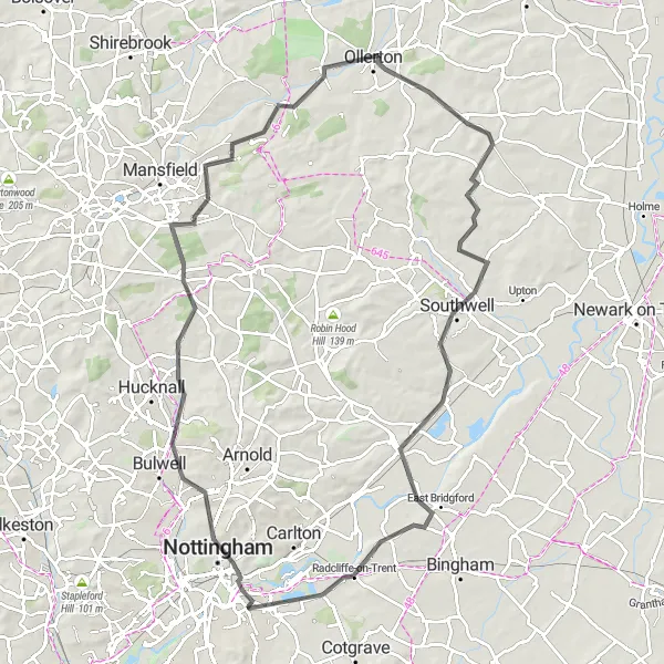 Map miniature of "Nottinghamshire Road Adventure" cycling inspiration in Derbyshire and Nottinghamshire, United Kingdom. Generated by Tarmacs.app cycling route planner