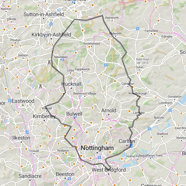 Map miniature of "Exploring Nuthall and Surrounding Areas" cycling inspiration in Derbyshire and Nottinghamshire, United Kingdom. Generated by Tarmacs.app cycling route planner