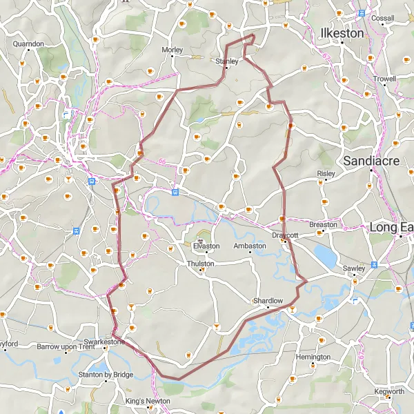 Map miniature of "West Hallam to Aston-on-Trent and Swarkestone" cycling inspiration in Derbyshire and Nottinghamshire, United Kingdom. Generated by Tarmacs.app cycling route planner