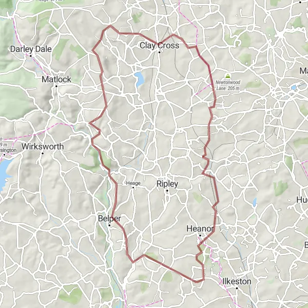 Map miniature of "West Hallam to Belper and Langley Mill" cycling inspiration in Derbyshire and Nottinghamshire, United Kingdom. Generated by Tarmacs.app cycling route planner