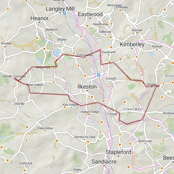 Map miniature of "Mapperley Gravel Ride" cycling inspiration in Derbyshire and Nottinghamshire, United Kingdom. Generated by Tarmacs.app cycling route planner