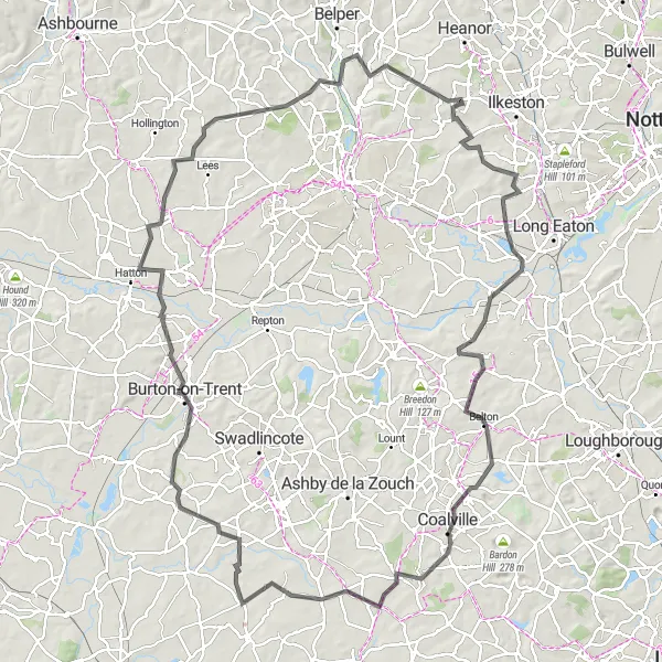 Map miniature of "The Road Warrior" cycling inspiration in Derbyshire and Nottinghamshire, United Kingdom. Generated by Tarmacs.app cycling route planner