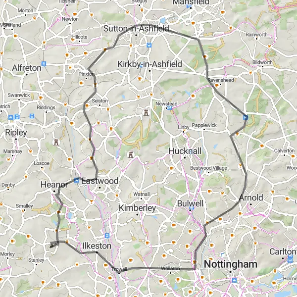Map miniature of "The Countryside Loop" cycling inspiration in Derbyshire and Nottinghamshire, United Kingdom. Generated by Tarmacs.app cycling route planner