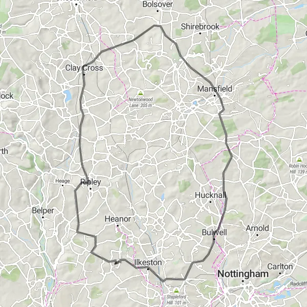 Map miniature of "Ripley Road Cycling Adventure" cycling inspiration in Derbyshire and Nottinghamshire, United Kingdom. Generated by Tarmacs.app cycling route planner