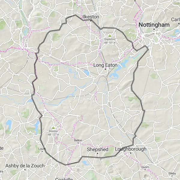 Map miniature of "West Hallam to Ilkeston and Melbourne" cycling inspiration in Derbyshire and Nottinghamshire, United Kingdom. Generated by Tarmacs.app cycling route planner