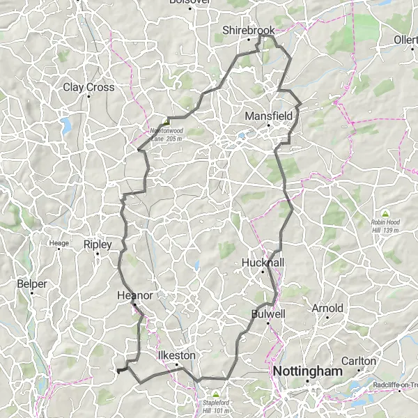 Map miniature of "West Hallam to Ilkeston and Mansfield Woodhouse" cycling inspiration in Derbyshire and Nottinghamshire, United Kingdom. Generated by Tarmacs.app cycling route planner