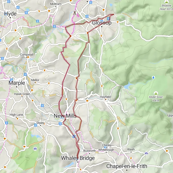 Map miniature of "Scenic Gravel Cycling Route near Whaley Bridge" cycling inspiration in Derbyshire and Nottinghamshire, United Kingdom. Generated by Tarmacs.app cycling route planner