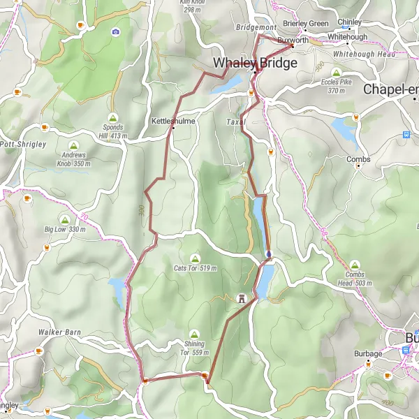 Map miniature of "The Whaley Bridge Gravel Loop" cycling inspiration in Derbyshire and Nottinghamshire, United Kingdom. Generated by Tarmacs.app cycling route planner