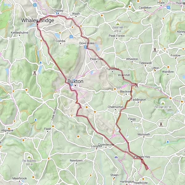 Map miniature of "Adventurous Gravel Cycling Route starting from Whaley Bridge" cycling inspiration in Derbyshire and Nottinghamshire, United Kingdom. Generated by Tarmacs.app cycling route planner