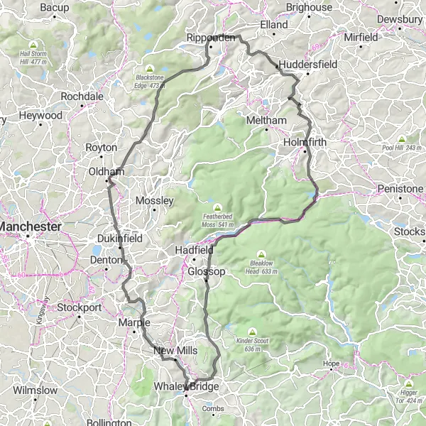 Map miniature of "The Hills of Whaley Bridge" cycling inspiration in Derbyshire and Nottinghamshire, United Kingdom. Generated by Tarmacs.app cycling route planner