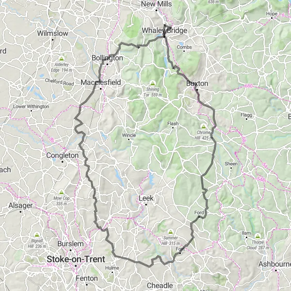 Map miniature of "Challenging Road Cycling Route from Whaley Bridge" cycling inspiration in Derbyshire and Nottinghamshire, United Kingdom. Generated by Tarmacs.app cycling route planner