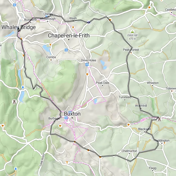 Map miniature of "Scenic Road Cycling Route near Whaley Bridge" cycling inspiration in Derbyshire and Nottinghamshire, United Kingdom. Generated by Tarmacs.app cycling route planner