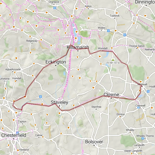 Map miniature of "Scenic Gravel Hideaways" cycling inspiration in Derbyshire and Nottinghamshire, United Kingdom. Generated by Tarmacs.app cycling route planner