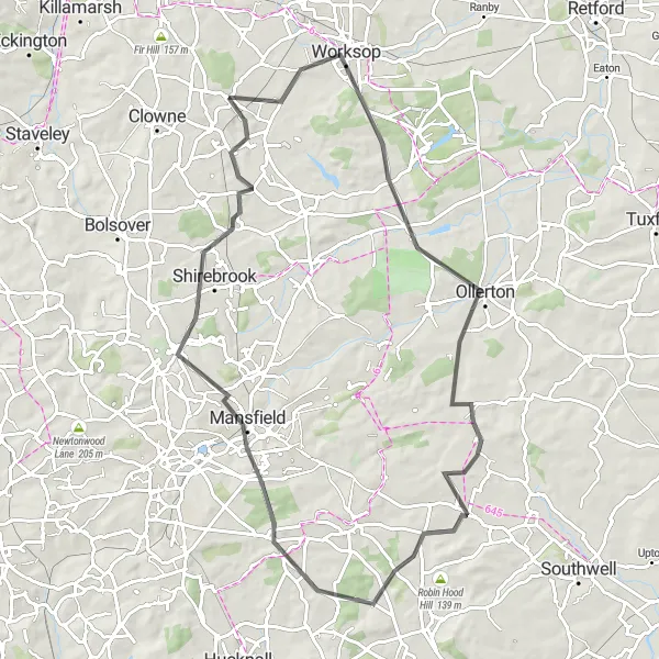 Map miniature of "Whitwell to Creswell Crags Loop" cycling inspiration in Derbyshire and Nottinghamshire, United Kingdom. Generated by Tarmacs.app cycling route planner