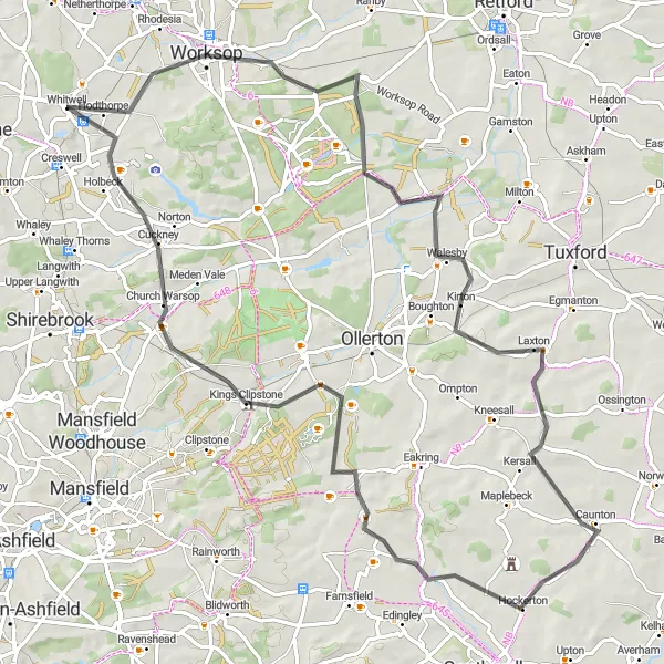 Map miniature of "Whitwell to Market Warsop Loop" cycling inspiration in Derbyshire and Nottinghamshire, United Kingdom. Generated by Tarmacs.app cycling route planner