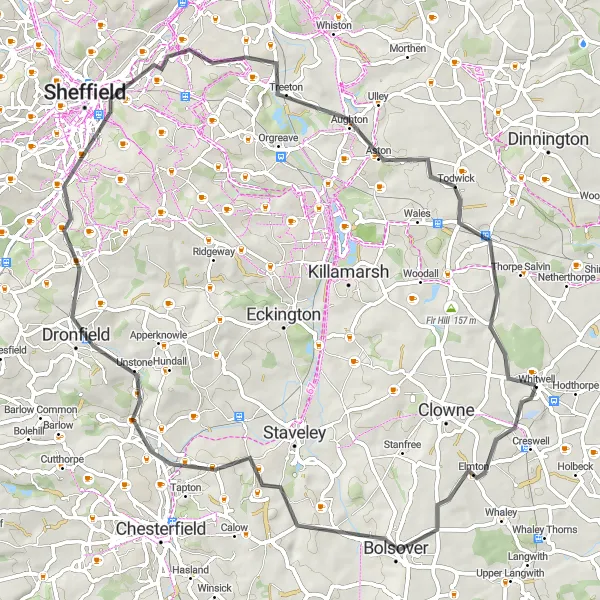 Map miniature of "Roads and Hills of Whitwell" cycling inspiration in Derbyshire and Nottinghamshire, United Kingdom. Generated by Tarmacs.app cycling route planner