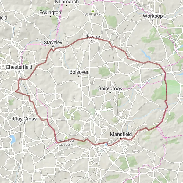 Map miniature of "The Stunning Peak District Gravel Ride" cycling inspiration in Derbyshire and Nottinghamshire, United Kingdom. Generated by Tarmacs.app cycling route planner