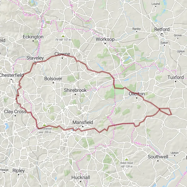 Map miniature of "The Peak District Gravel Adventure" cycling inspiration in Derbyshire and Nottinghamshire, United Kingdom. Generated by Tarmacs.app cycling route planner