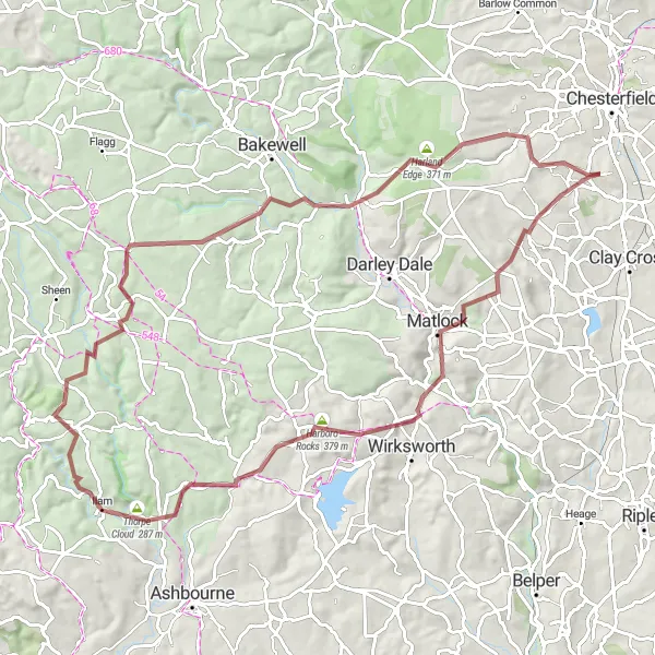 Map miniature of "Wingerworth Gravel Adventure" cycling inspiration in Derbyshire and Nottinghamshire, United Kingdom. Generated by Tarmacs.app cycling route planner