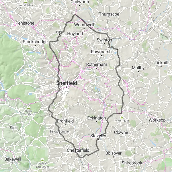 Map miniature of "Chesterfield Epic Challenge" cycling inspiration in Derbyshire and Nottinghamshire, United Kingdom. Generated by Tarmacs.app cycling route planner